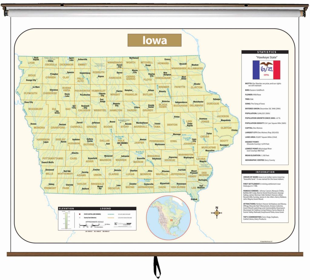 iowa large scale shaded relief wall map on roller with backboard