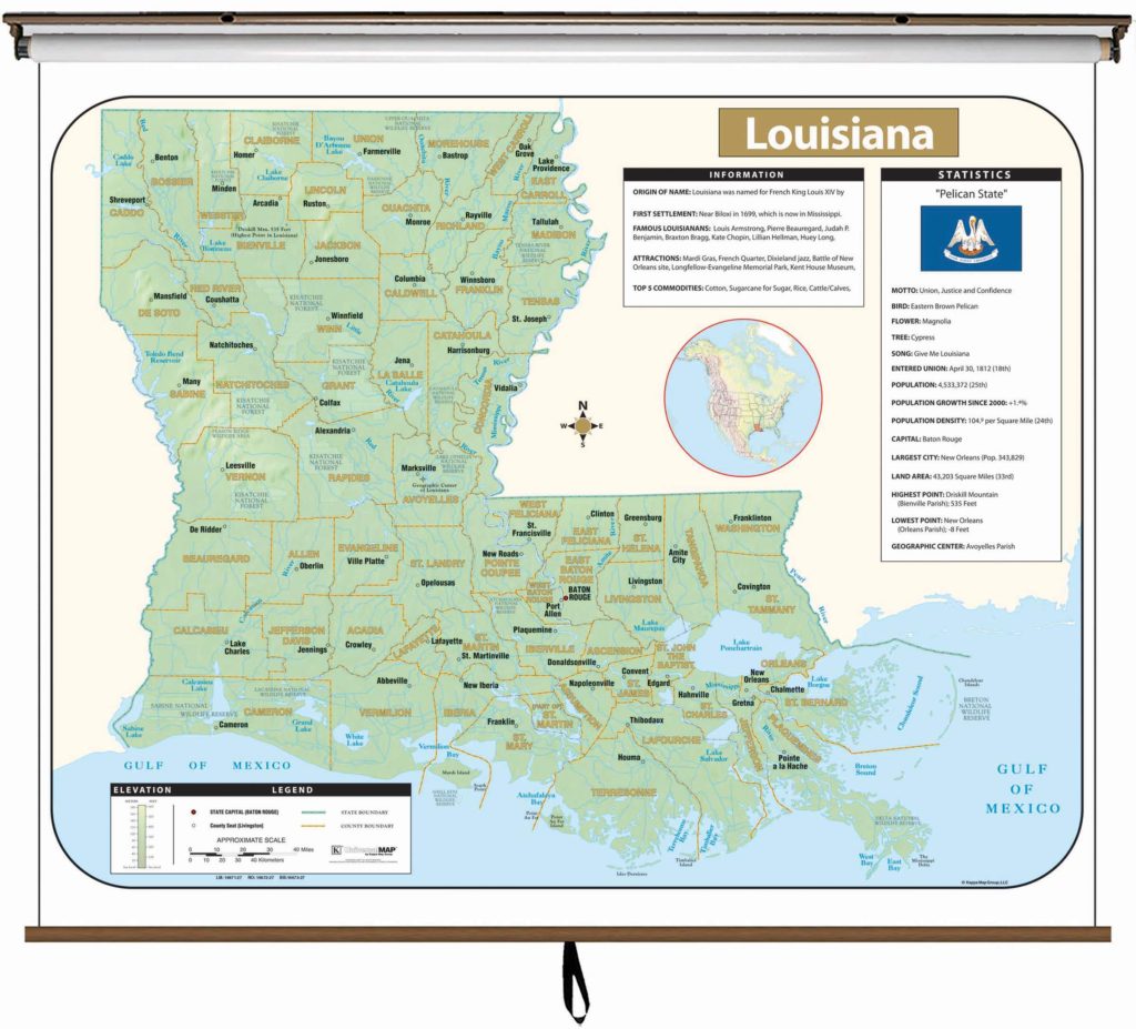 louisiana large scale shaded relief wall map on roller with