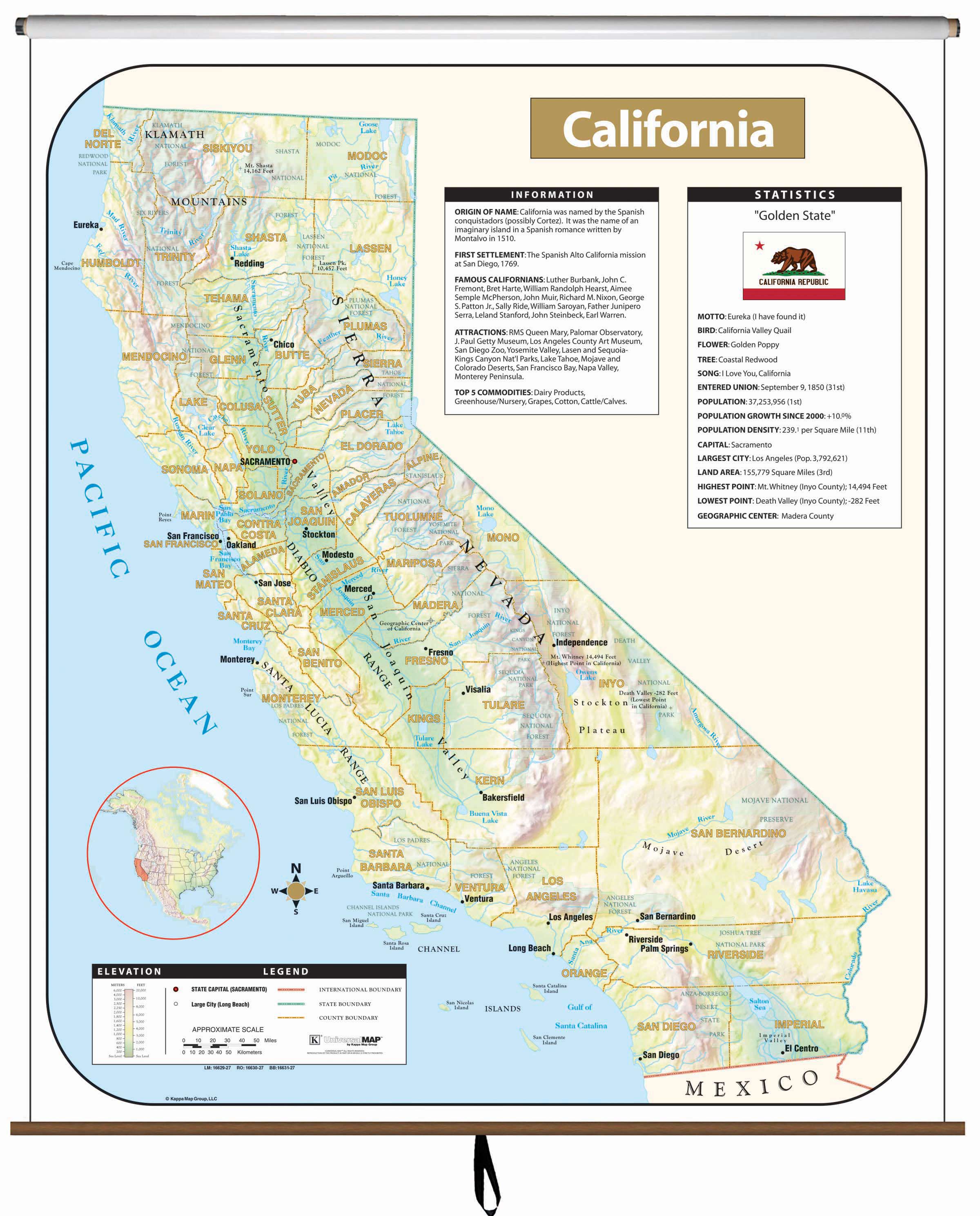 California Large Scale Shaded Relief Wall Map Kappa Map Group