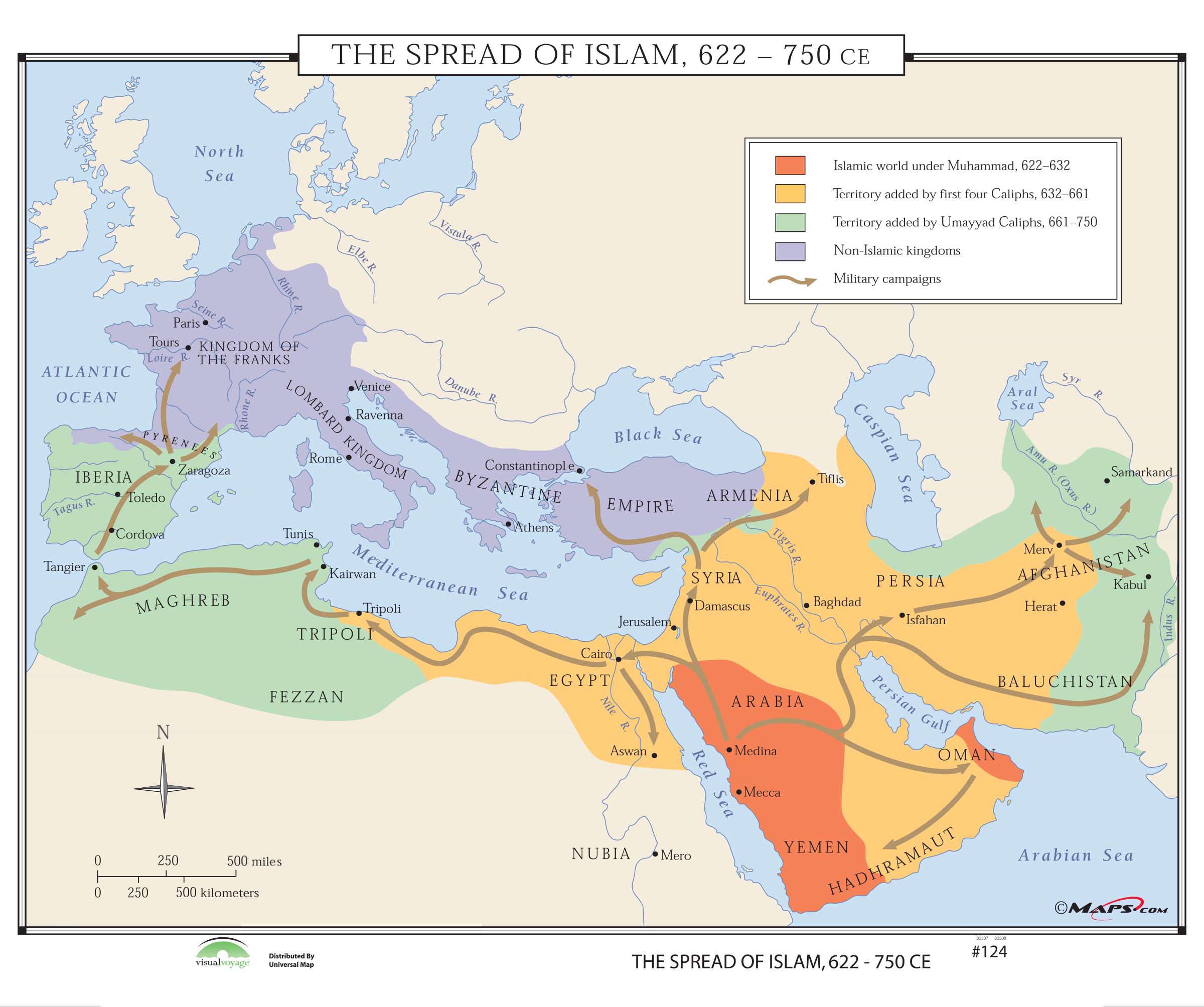 a map depicting the spread of Islam across Arabia, then into Egypt and Persia, then onto the Indian Subcontinent